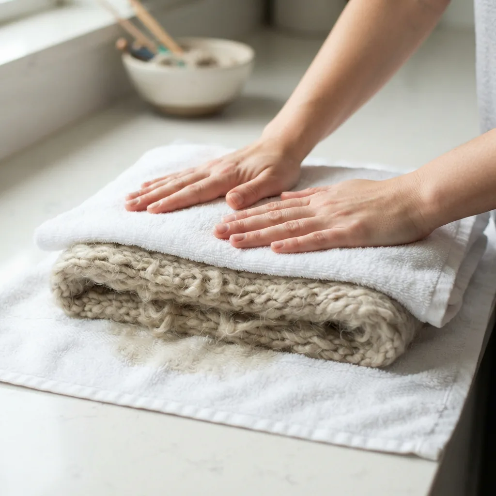 A wet knitted scarf pressed between clean, dry towels to remove excess moisture.