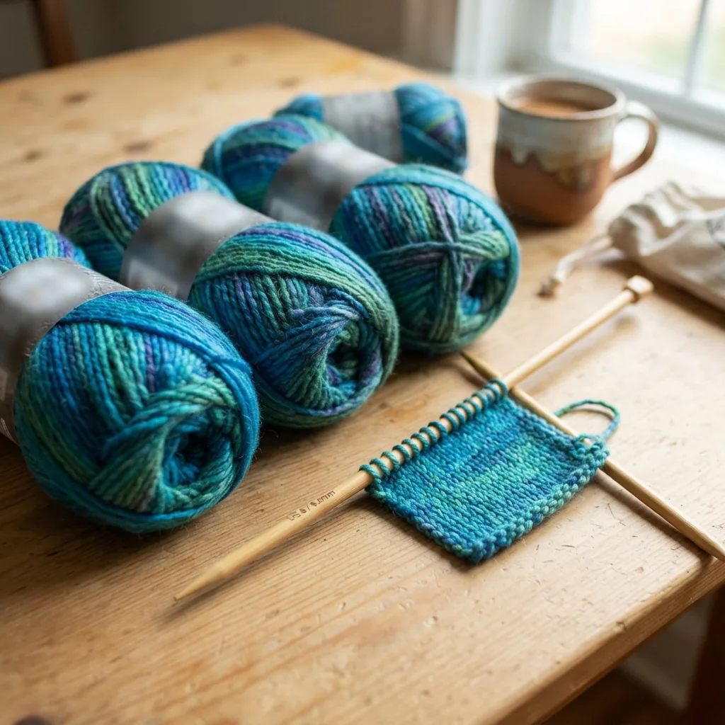 Balls of Barcelona self-striping yarn in blue tones arranged with knitting needles.