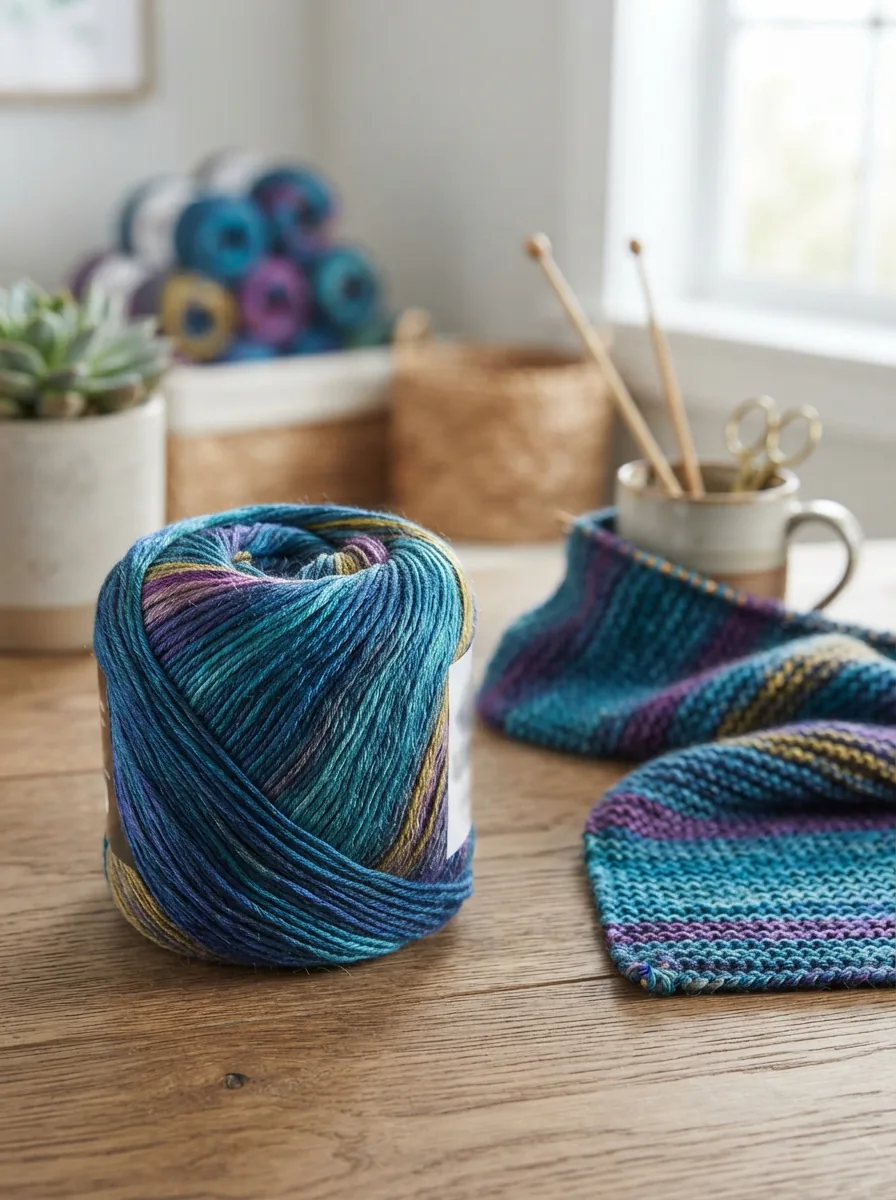 A hero shot of a Facets yarn skein with a partially knitted project in the background.