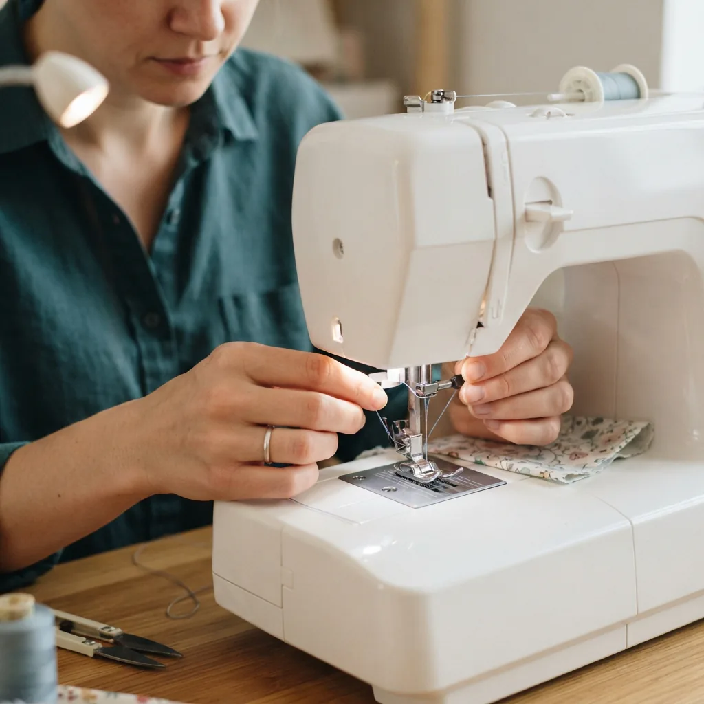A beginner's hands confidently threading a simple sewing machine needle under a bright light.