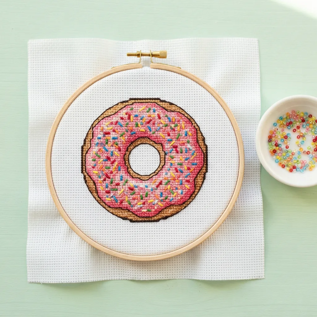 The Sprinkle Donut counted cross stitch kit by Loops & Threads showing a stitched donut.