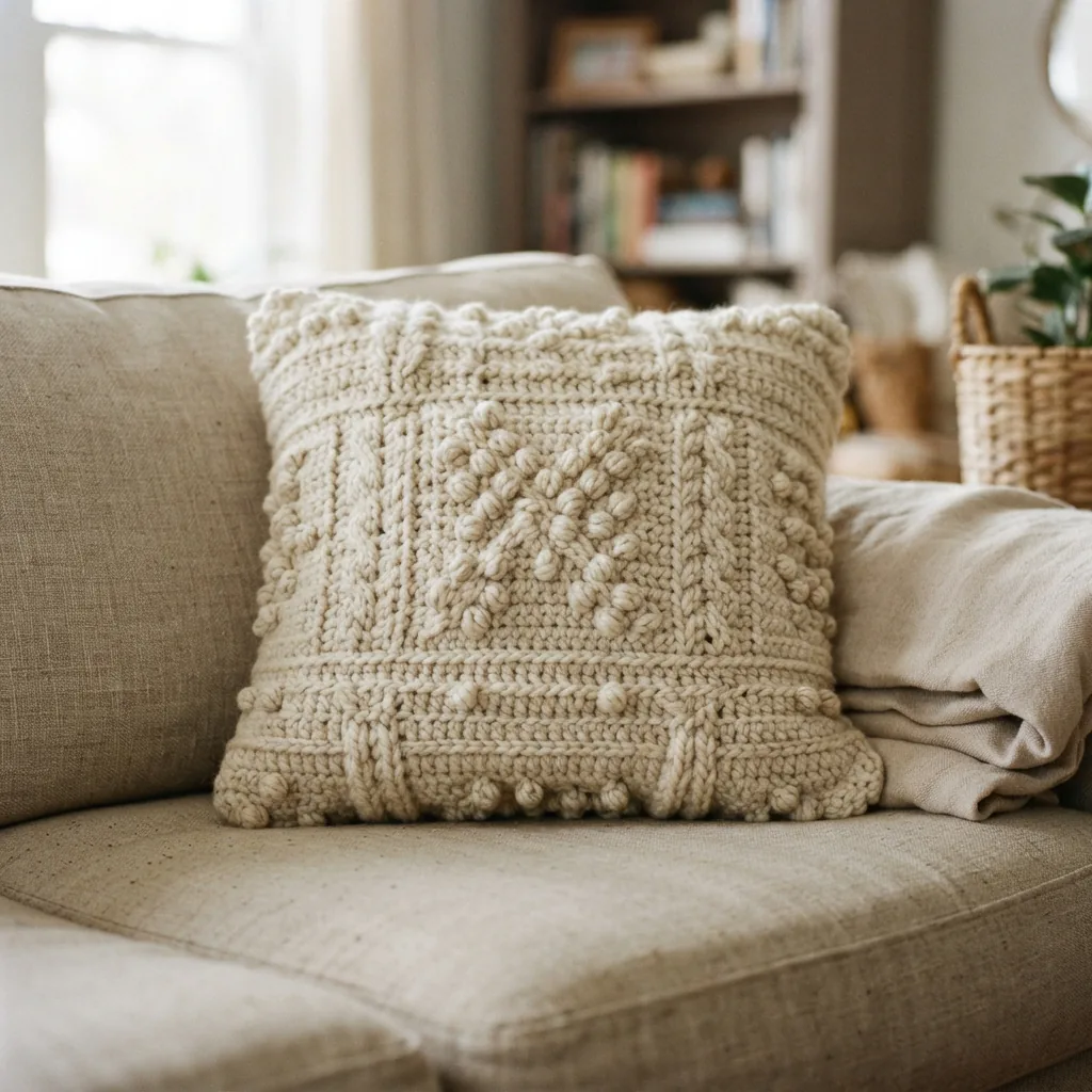 A handmade crocheted throw pillow on a couch.