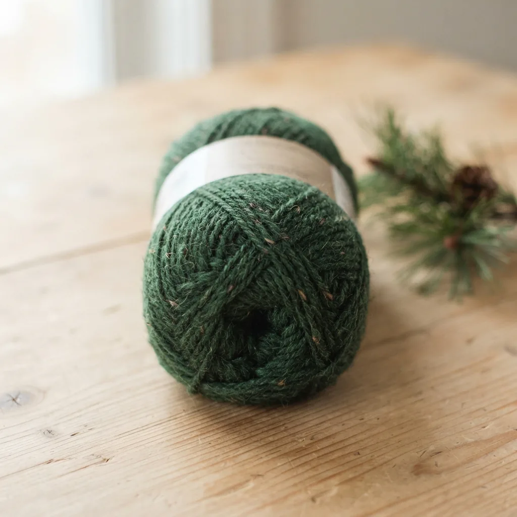 A single skein of Loops And Threads Heathered Tweed Yarn in Deep Forest green on a natural wood backdrop.