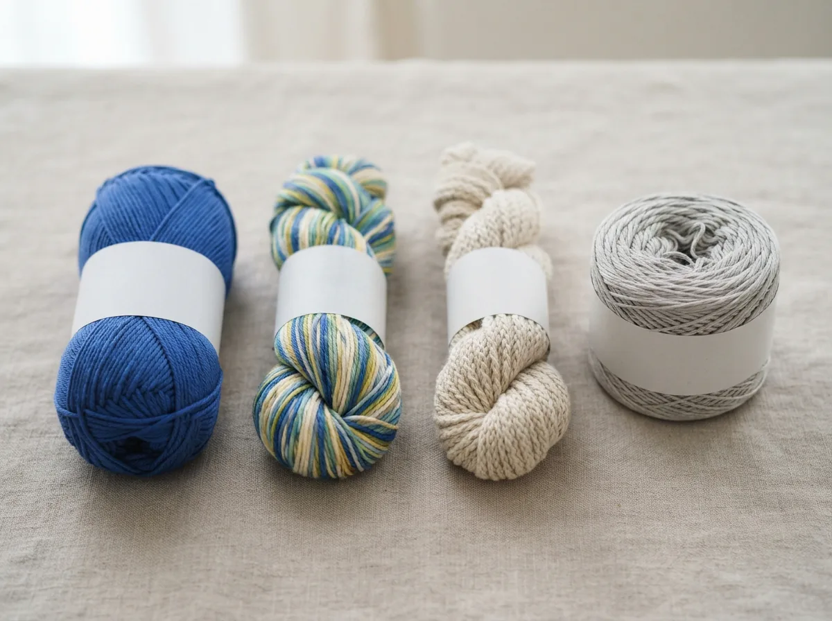 A stylized arrangement of different Loops & Threads cotton yarn types: a solid, a variegated, a twist, and a cake.