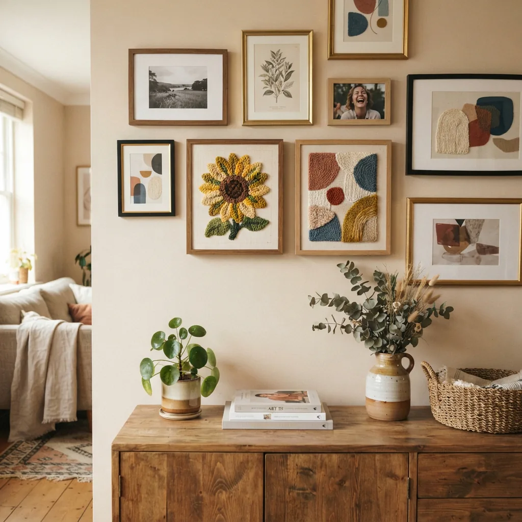 A gallery wall in a home featuring several framed punch needle projects alongside other personal photos and art.