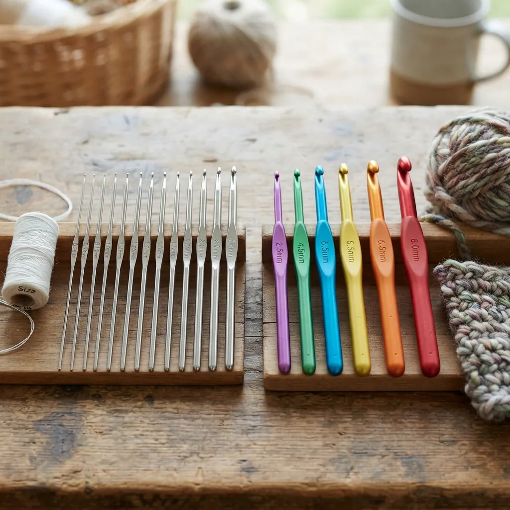 Assorted crochet hook sets with different hook sizes displayed.