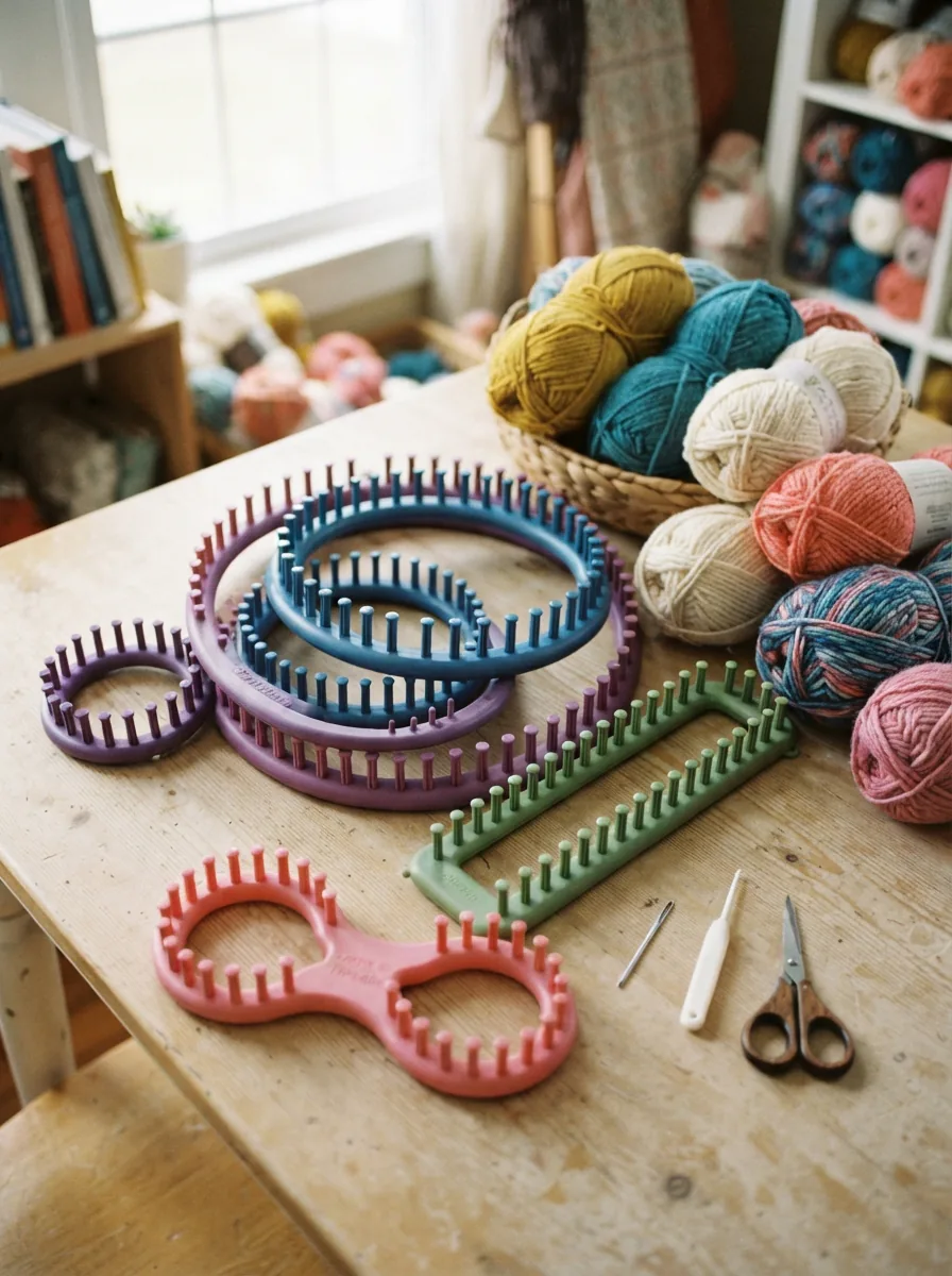 A variety of Loops & Threads knitting looms displayed with colorful yarn.