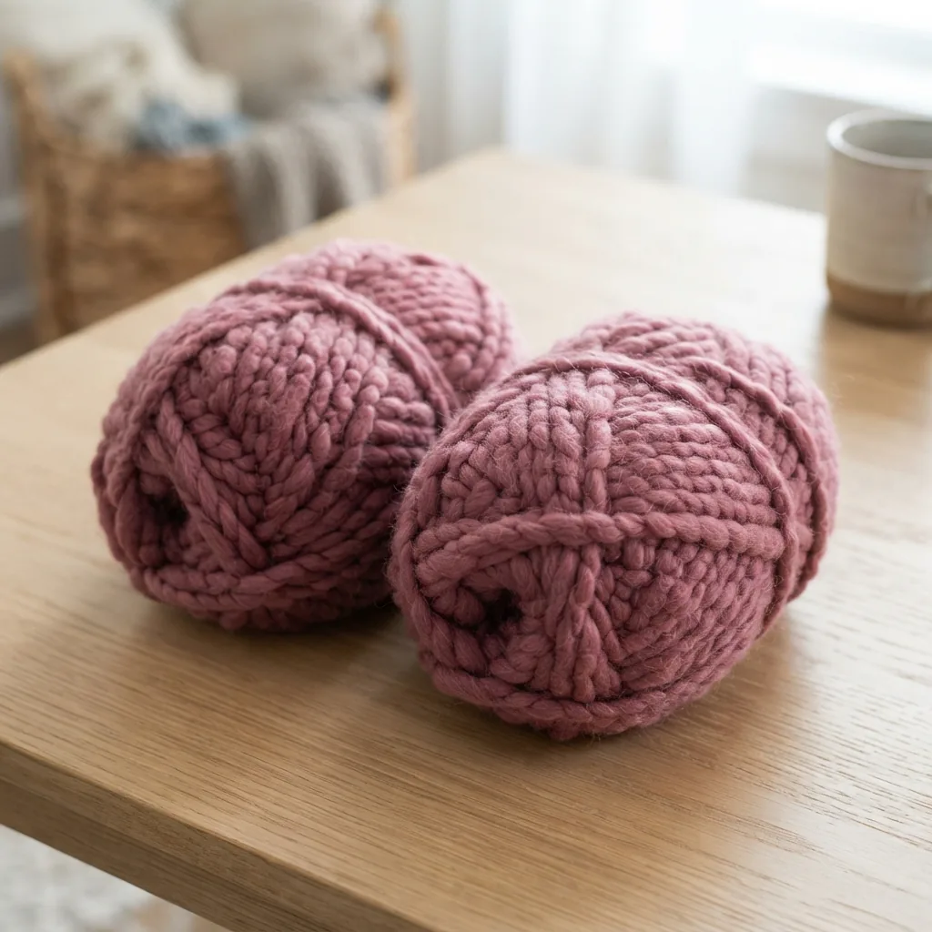 Two skeins of Loops & Threads Chunky Luxe Big Yarn in a Dusty Pink color.