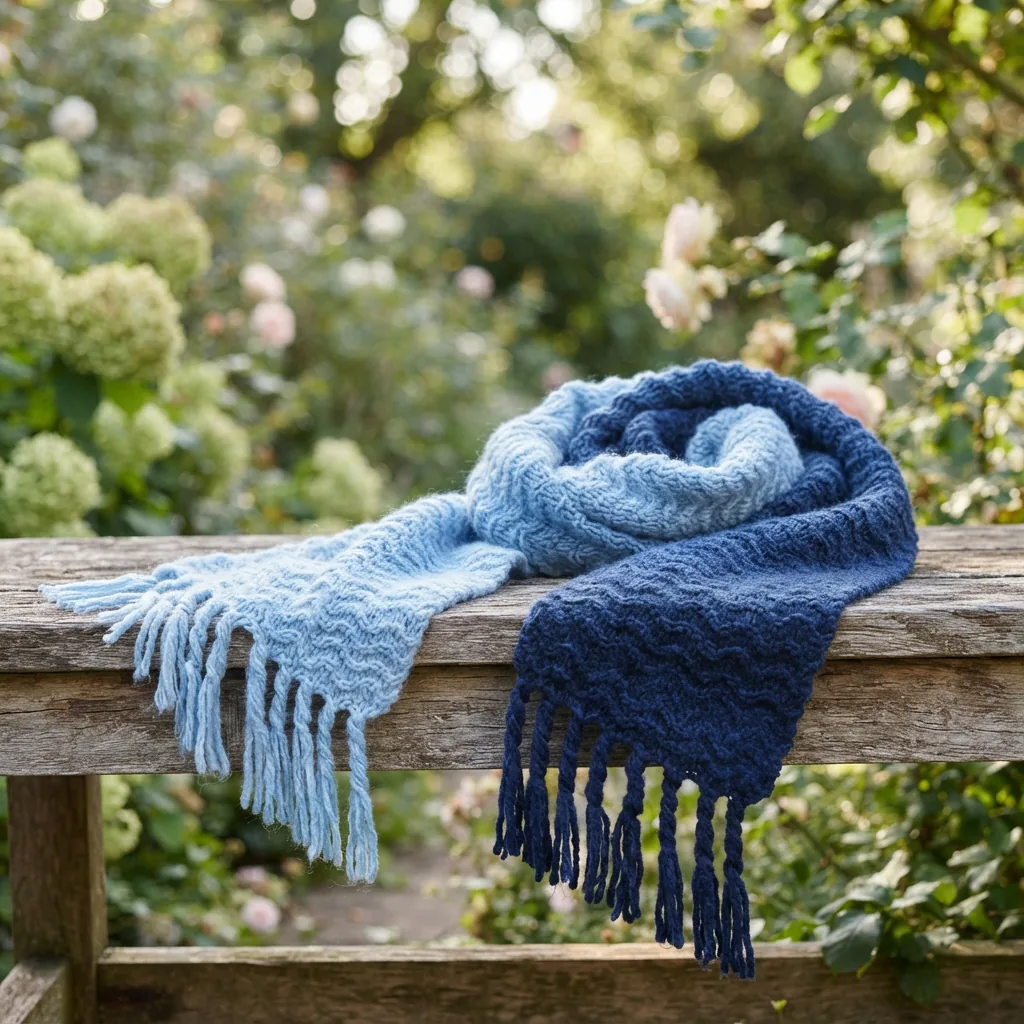 A textured scarf with a rippled fabric, made with Ripple Texture Yarn in a gradient of blue shades.