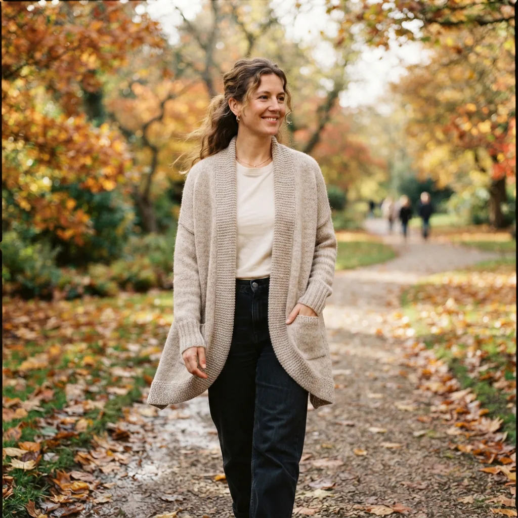 A person wearing a lightweight knitted cardigan outdoors.