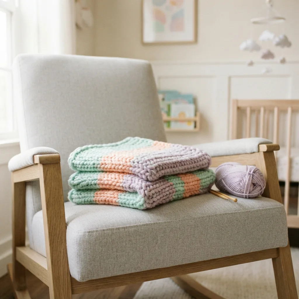 A colorful, airy baby blanket made with Whimsical Stitch Yarn, shown folded on a nursery chair.