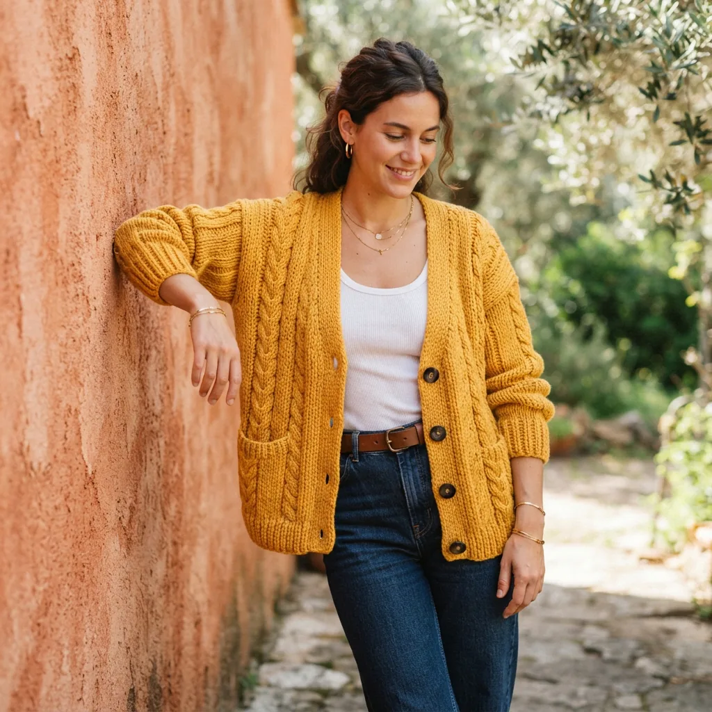 A person wearing a knitted cardigan made from Crème Cotton yarn in a vibrant color.