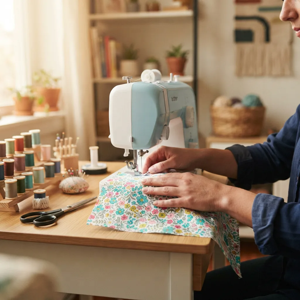 A person's hands guiding fabric through a sewing machine placed on a small desk in a dorm room setting.