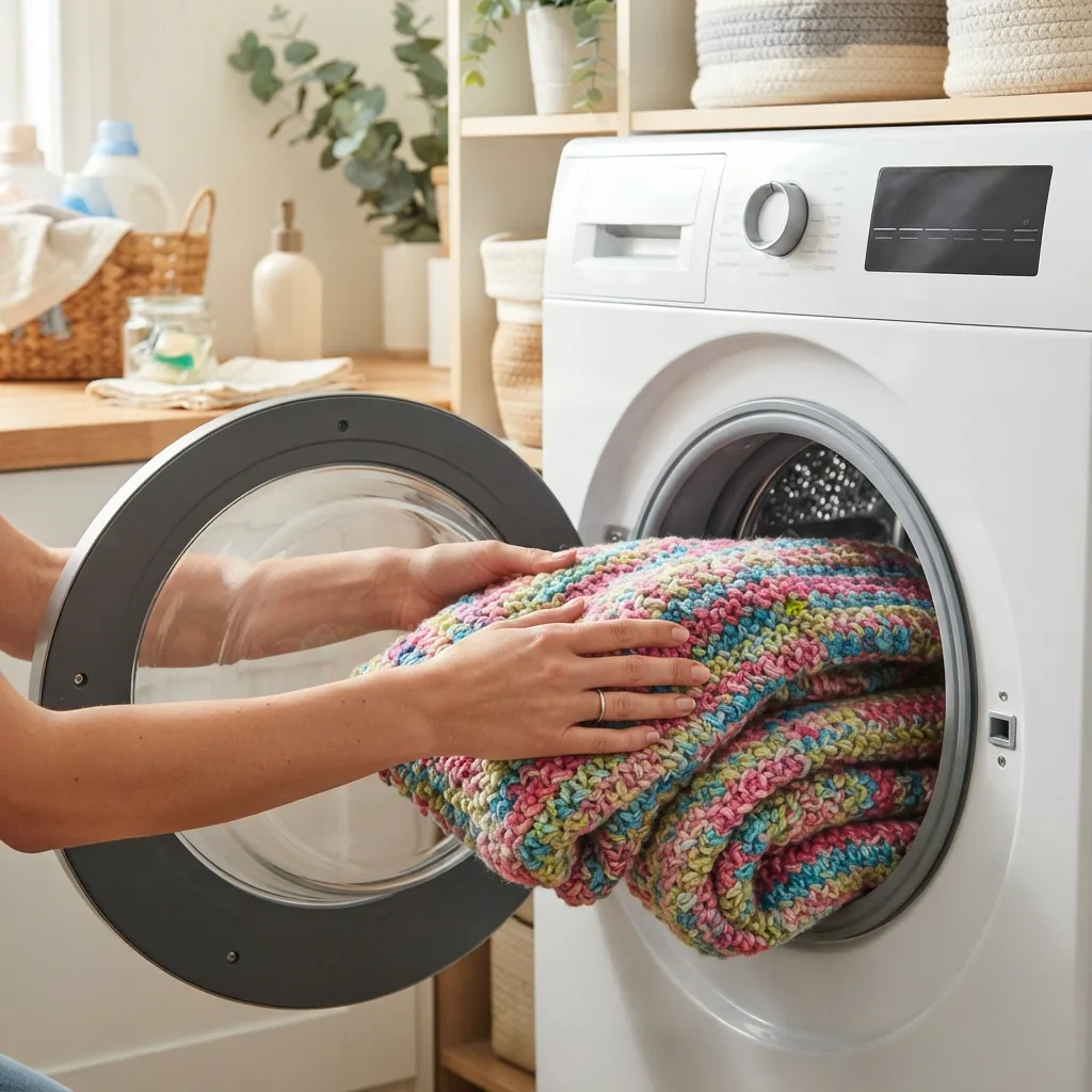A finished crocheted blanket from Mixed Up yarn being placed into a washing machine.