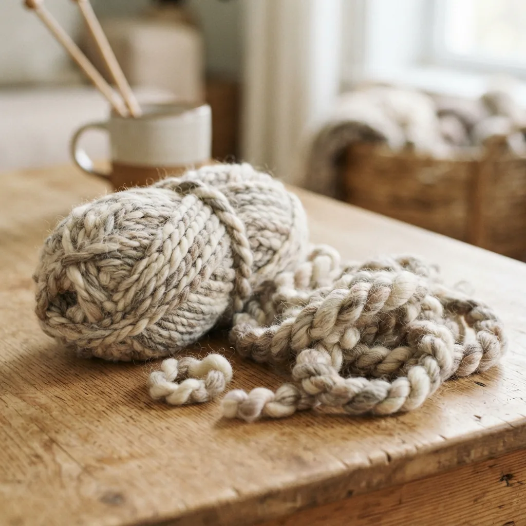 A skein of Multi Marled yarn by Loops & Threads in a soft, neutral color blend.