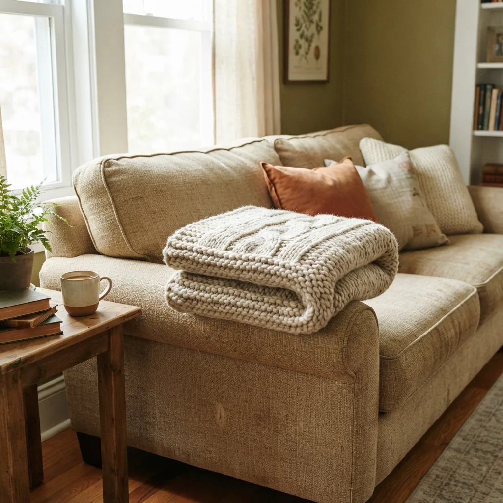 A cozy, bulky knit throw blanket folded on the arm of a sofa in a living room setting.