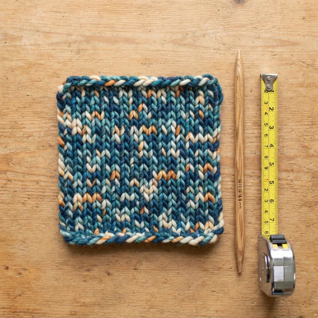 A knitted gauge swatch made with Mixed Up yarn next to a knitting needle and tape measure.