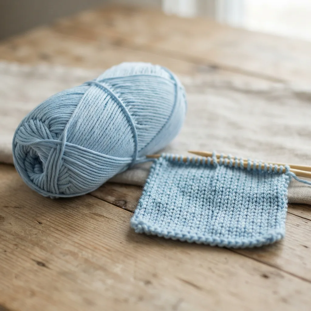 A skein of Loops & Threads Coastal Cotton Yarn in a coastal blue color, next to a partially knitted swatch showing the stitch texture.