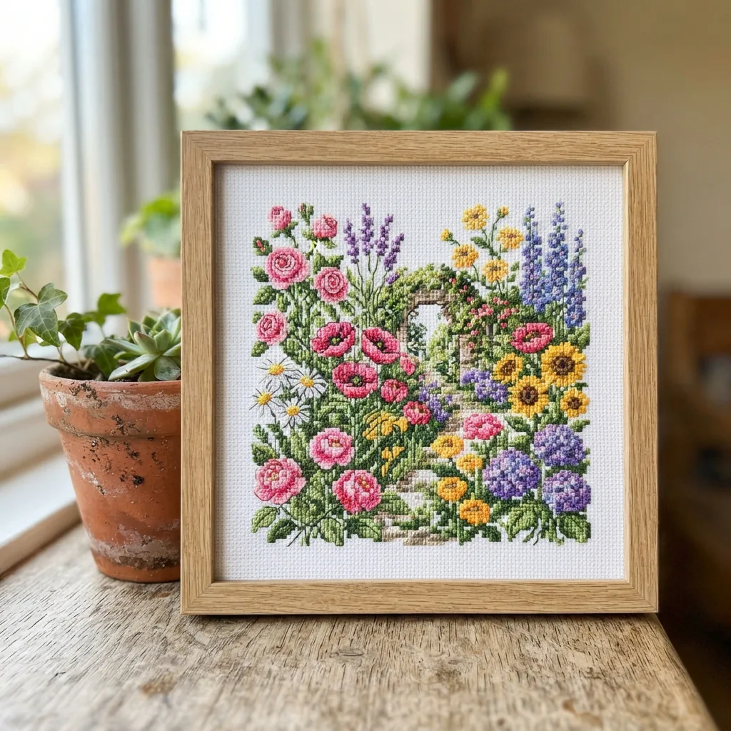 The Blossom Garden counted cross stitch kit by Loops & Threads showing a vibrant floral design.