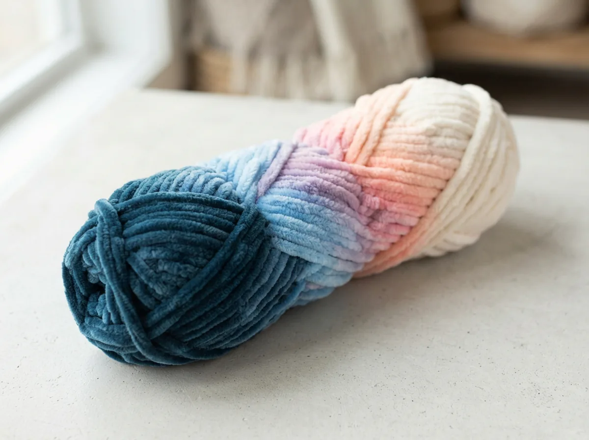 A single skein of gradient-dyed Chenille Home Slim yarn displayed to highlight the slow color transition effect.
