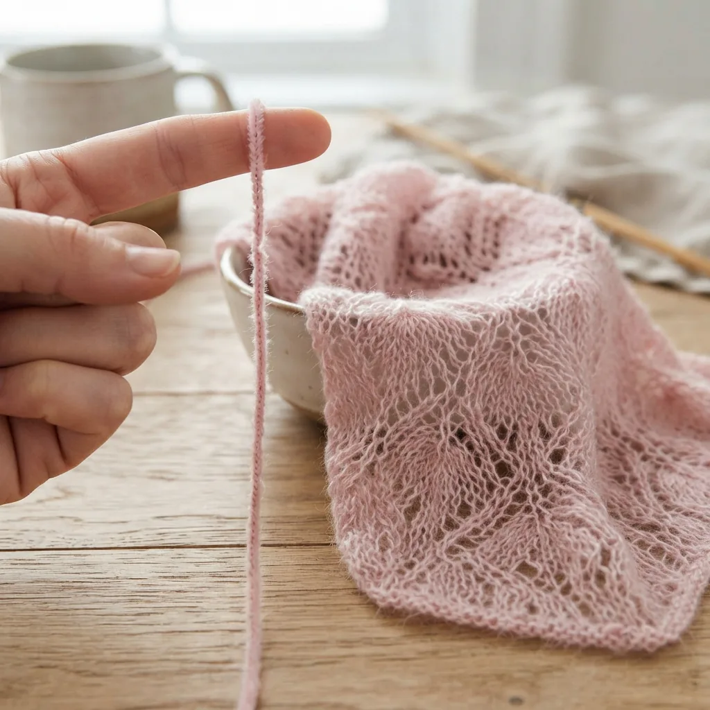 A strand of lightweight Sweet Snuggles Lite yarn shown next to a delicate knitted swatch.