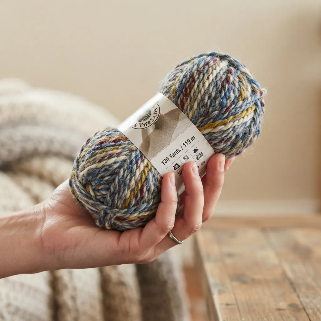 A hand holding a skein of Loops & Threads Multi Marled yarn, demonstrating its size and yardage for project planning.