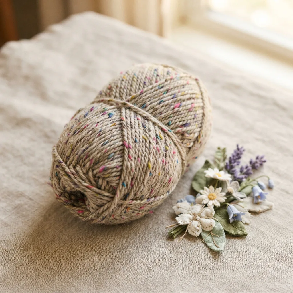A skein of Loops And Threads Heathered Tweed Yarn in Wildflower Meadow with small fabric flowers.