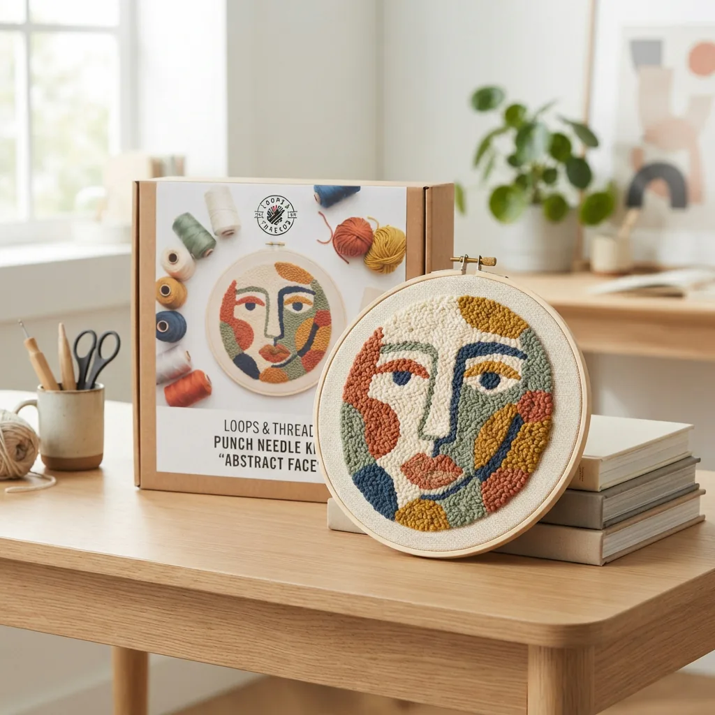 The Loops and Threads Punch Needle Kit for the Abstract Face design, showcasing the modern, completed art piece.