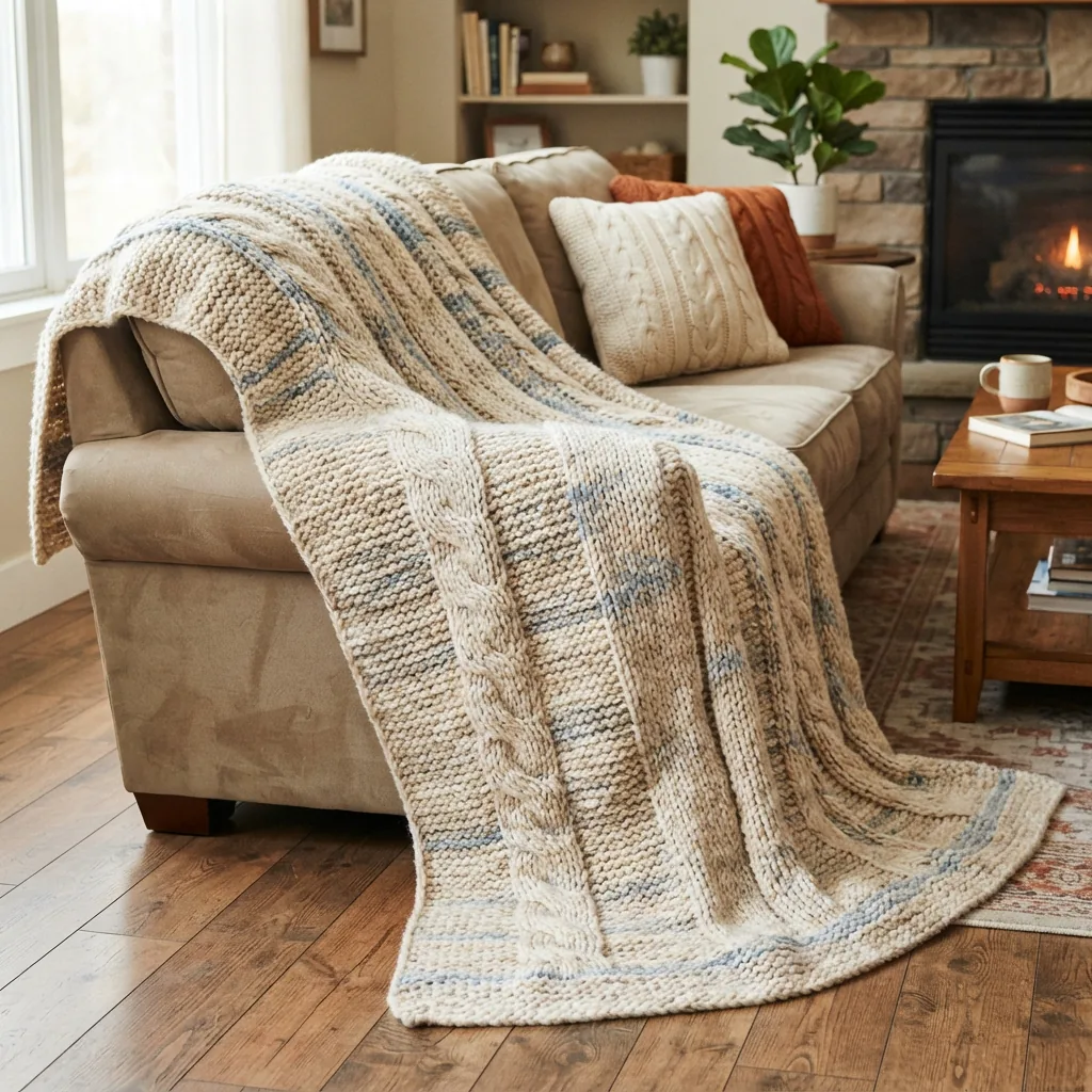 A cozy, knitted afghan draped over the arm of a sofa.