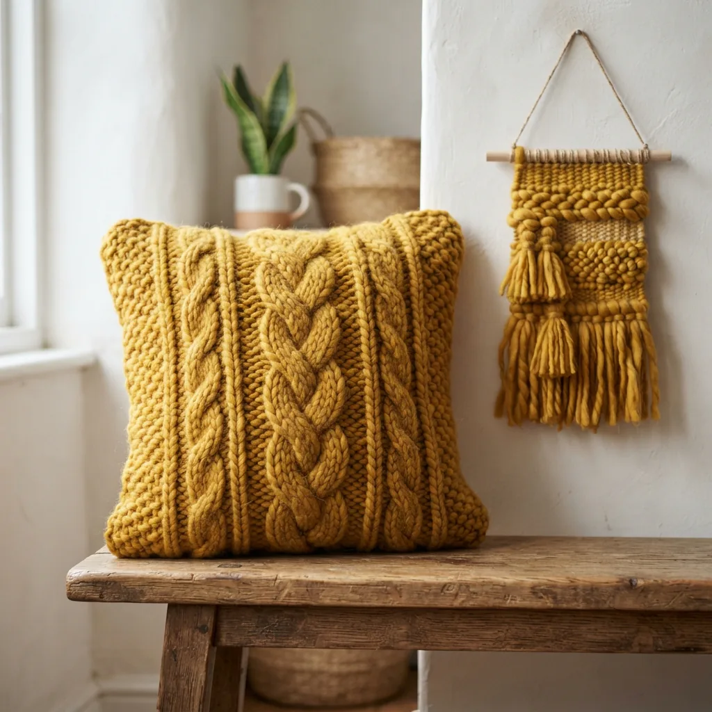 Textured, handcrafted home decor items made from Barcelona roving yarn.