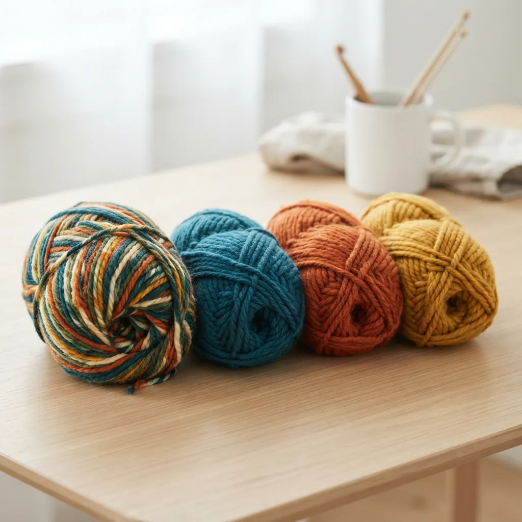 A ball of self-striping yarn next to several balls of solid-colored yarn in coordinating shades.