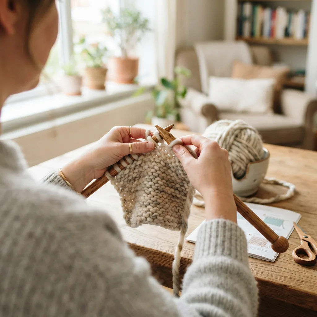 A beginner's hands working with Charisma yarn on large knitting needles, with a simple pattern and yarn ball nearby.