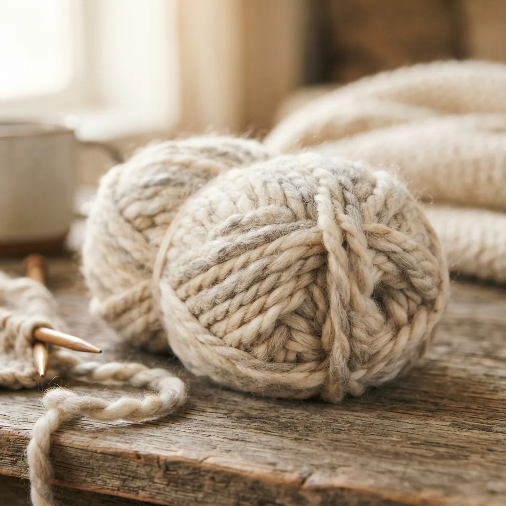 A skein of Charisma Yarn, showing its soft, bulky texture.