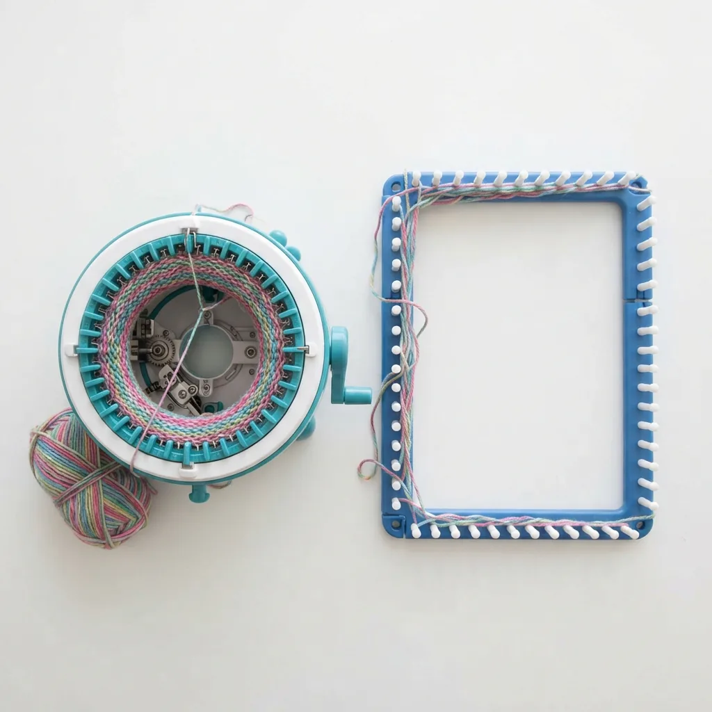 A side-by-side comparison of a circular knitting machine and a rectangular loom set.