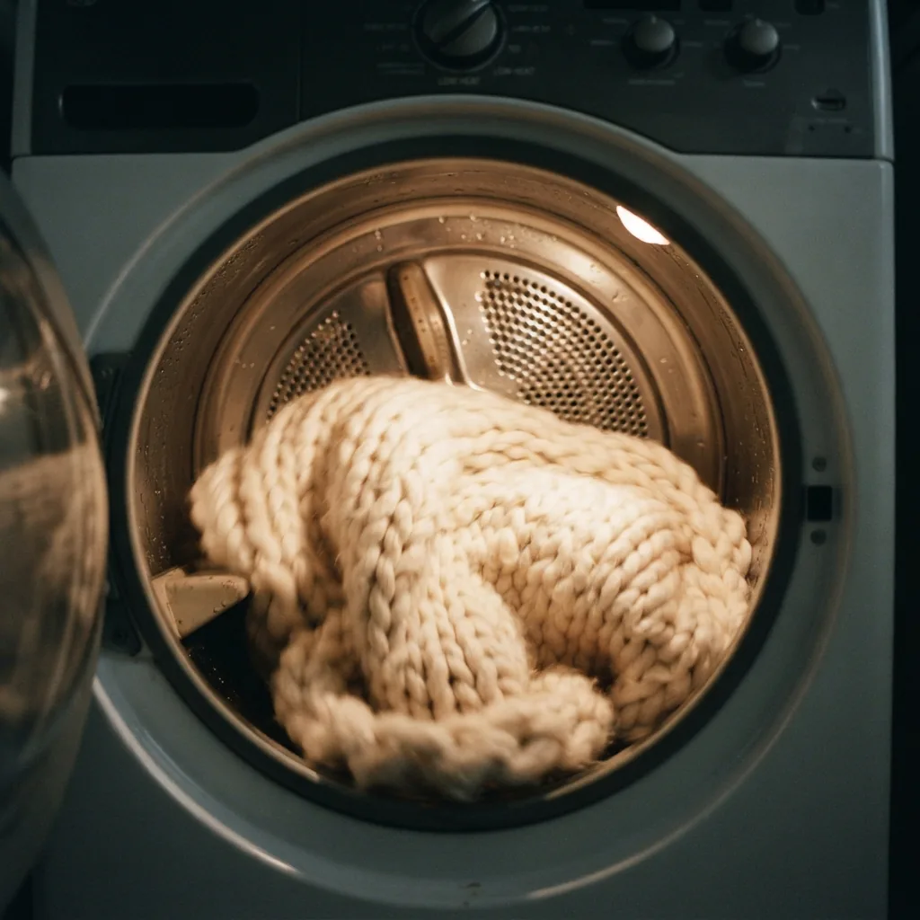 A knitted item tumbling gently in a dryer with the low-heat setting indicator visible.