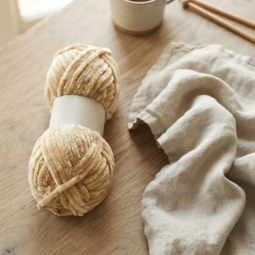 A close-up of a soft, textured chenille yarn skein with a gentle sheen, placed beside a washed, draped piece of fabric.