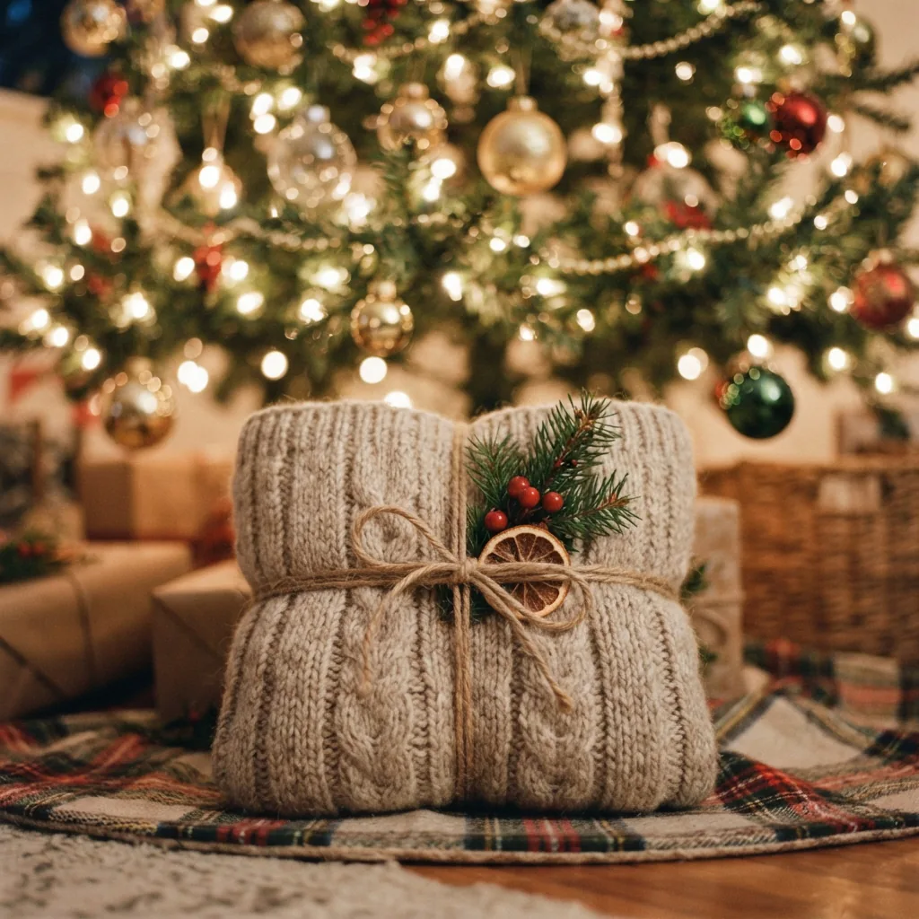 A handmade, knitted gift wrapped with a simple ribbon, placed under a holiday tree.