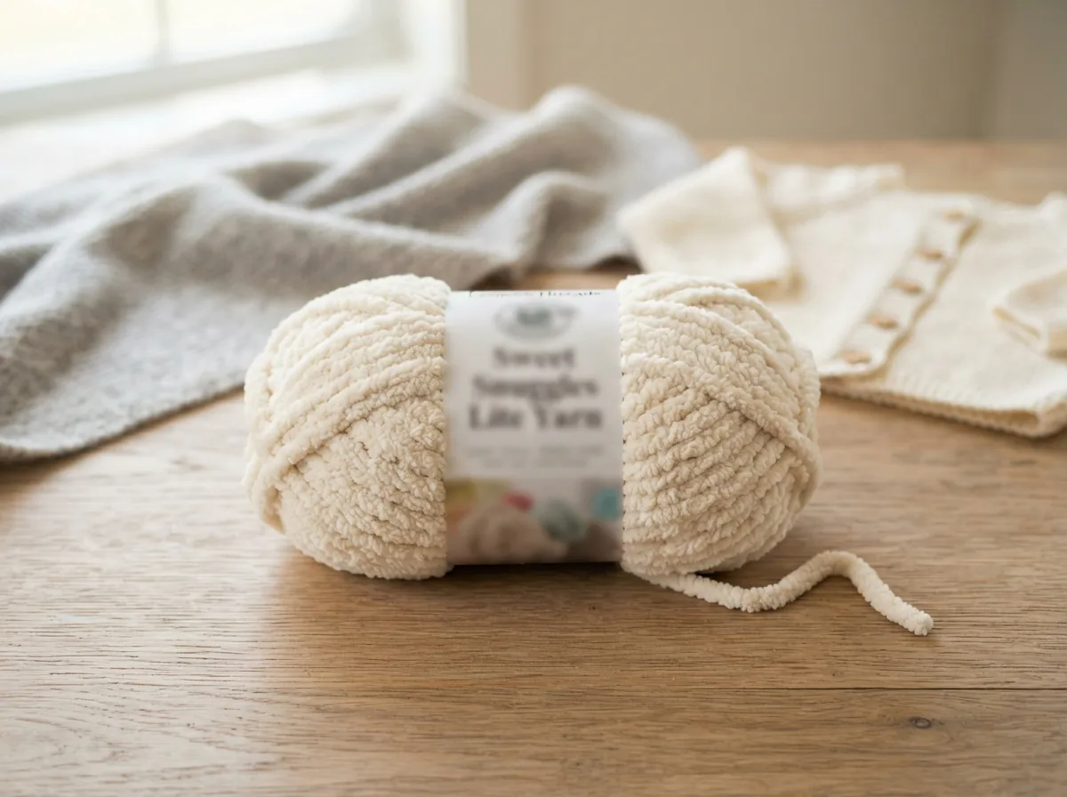 A skein of Sweet Snuggles Lite yarn displayed prominently with examples of delicate finished items.