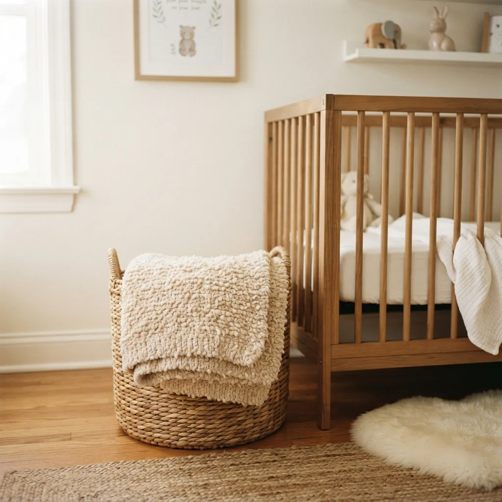 A soft, textured baby blanket made from Cozy Boucle yarn folded in a nursery setting.
