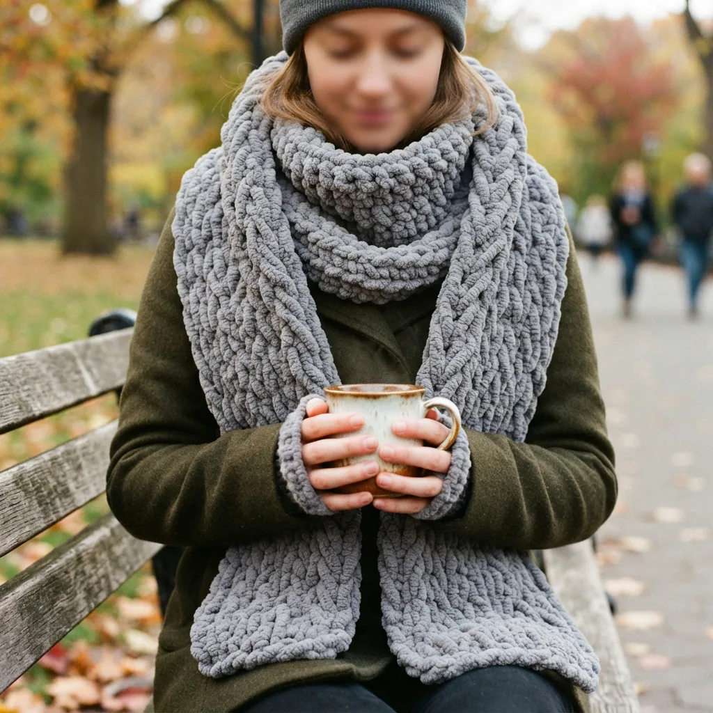 A person wearing a soft, bulky scarf and cowl made from the yarn while sitting on a park bench.