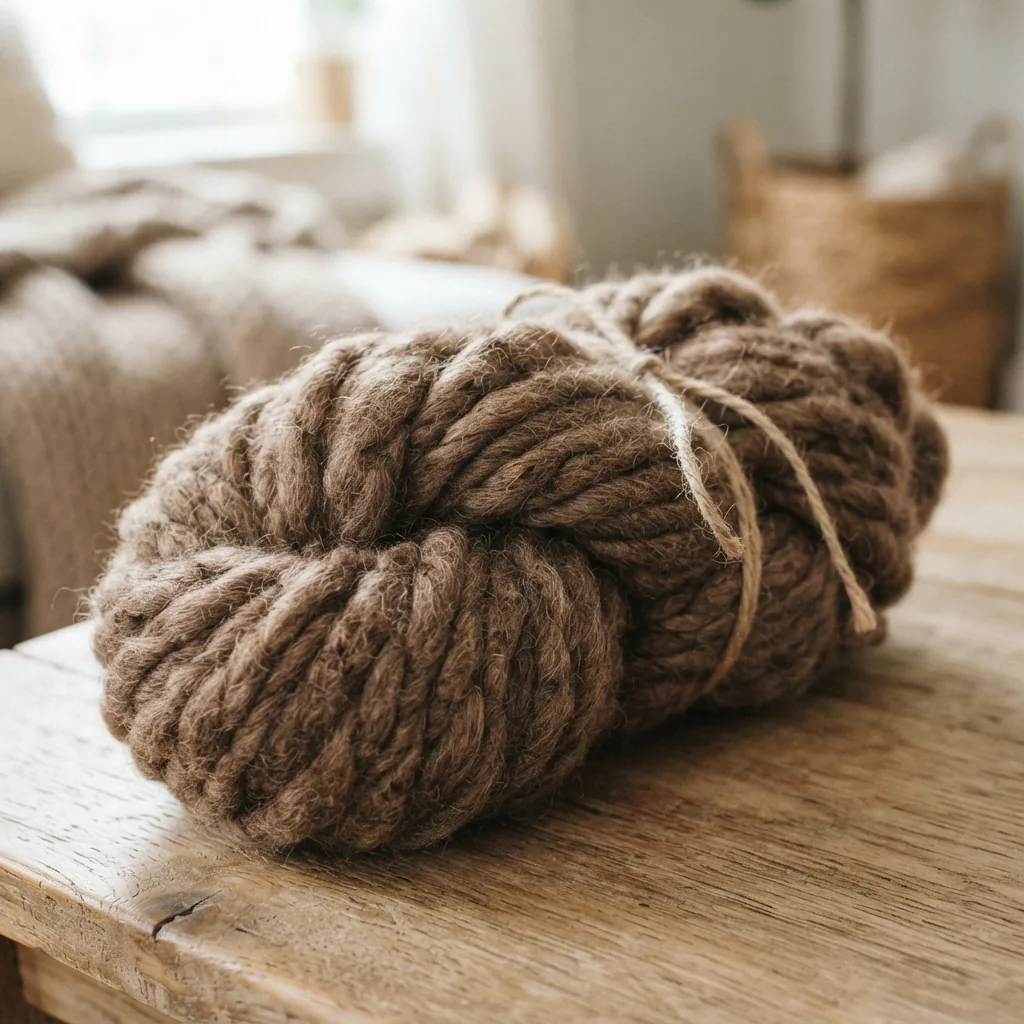 Soft chunky Cozy Wool yarn skein in a relaxed, warm color.