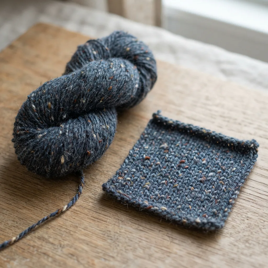 Close-up of heathered tweed yarn texture showing multi-tonal fibers against a knitted swatch.