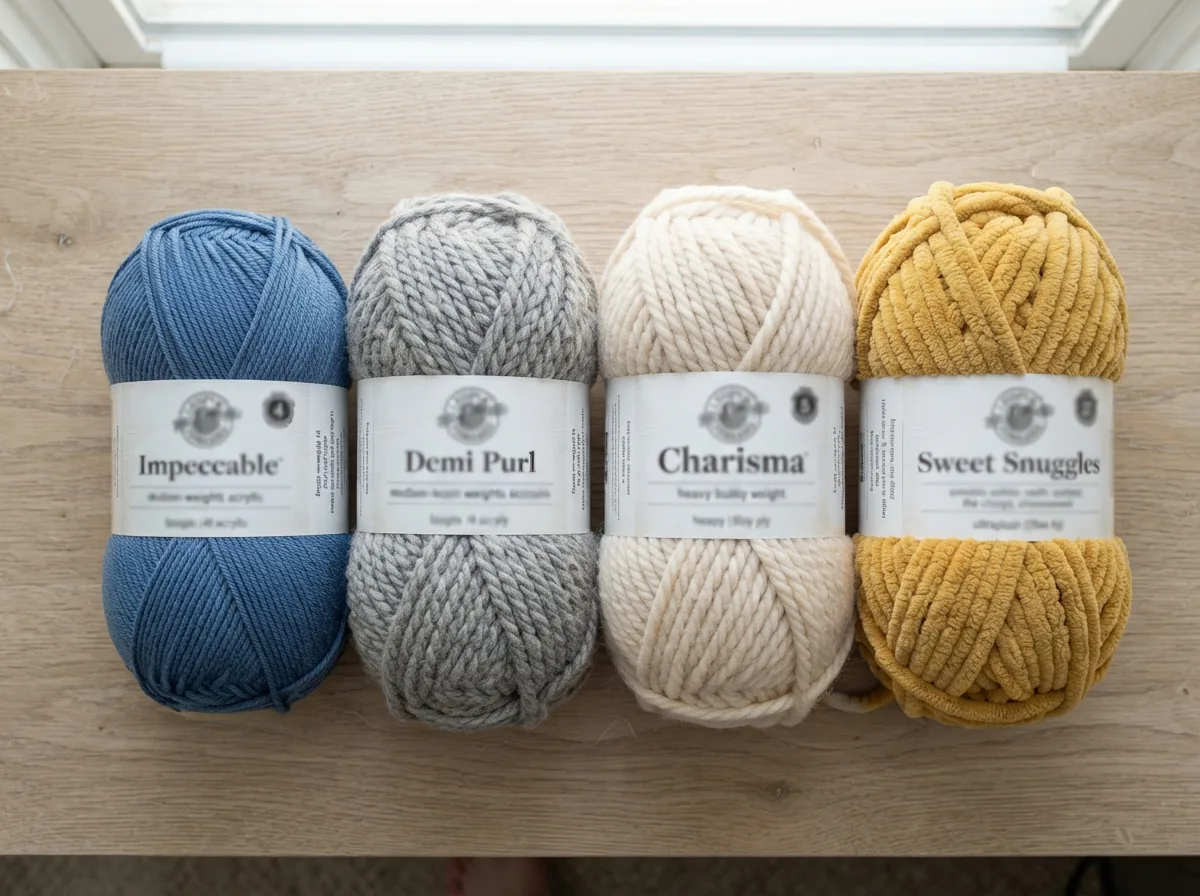 An arrangement of different yarn skeins showing a variety of weights and textures side by side.