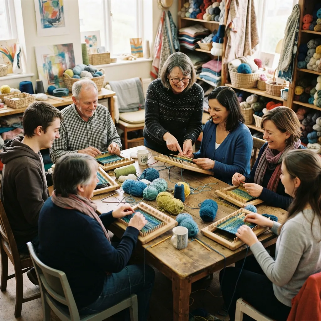 A small group learning to use knitting looms.
