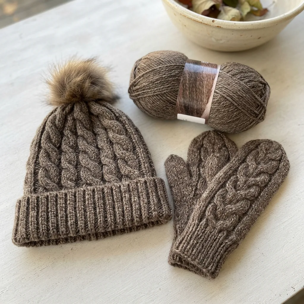 A close-up of a cabled knit hat and matching mittens made with Heirloom Worsted Weight Yarn in a heathered brown.