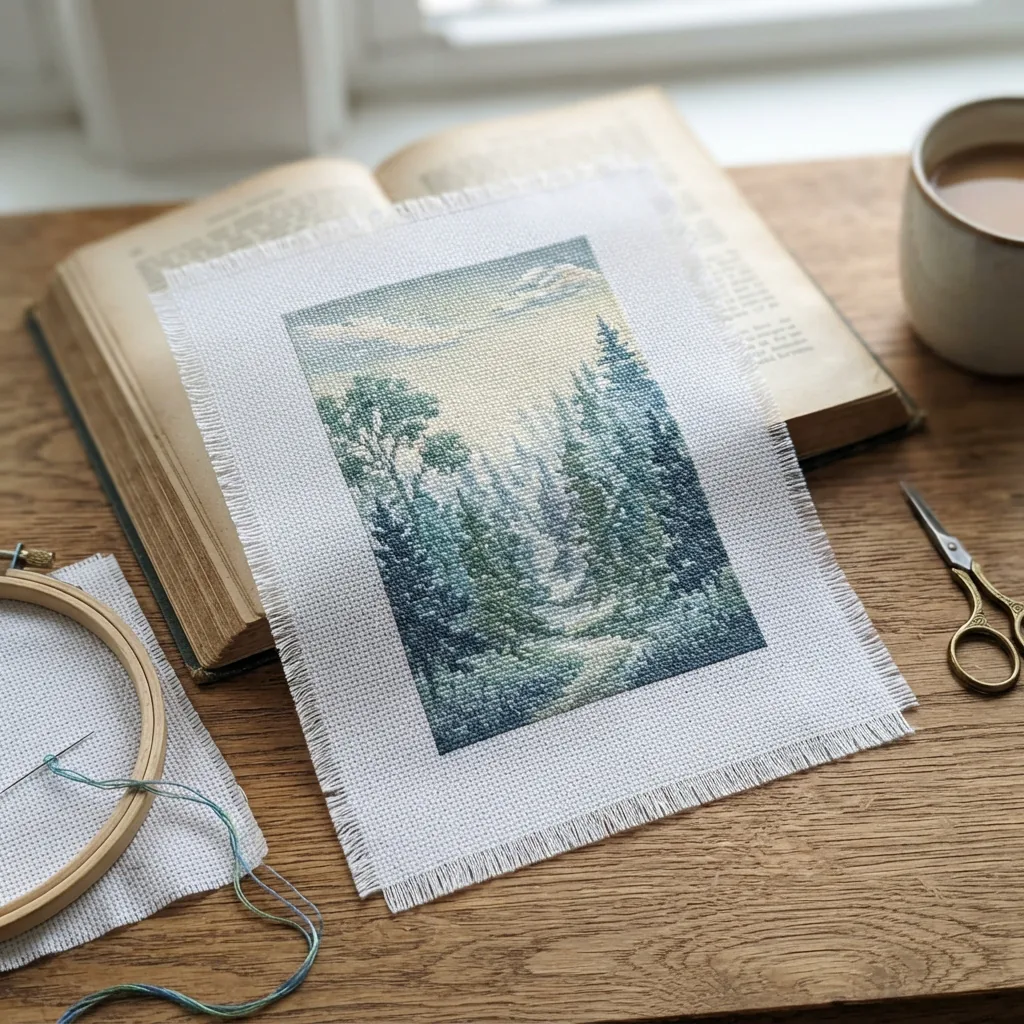 The Trees counted cross stitch kit by Loops & Threads displaying a misty forest scene.