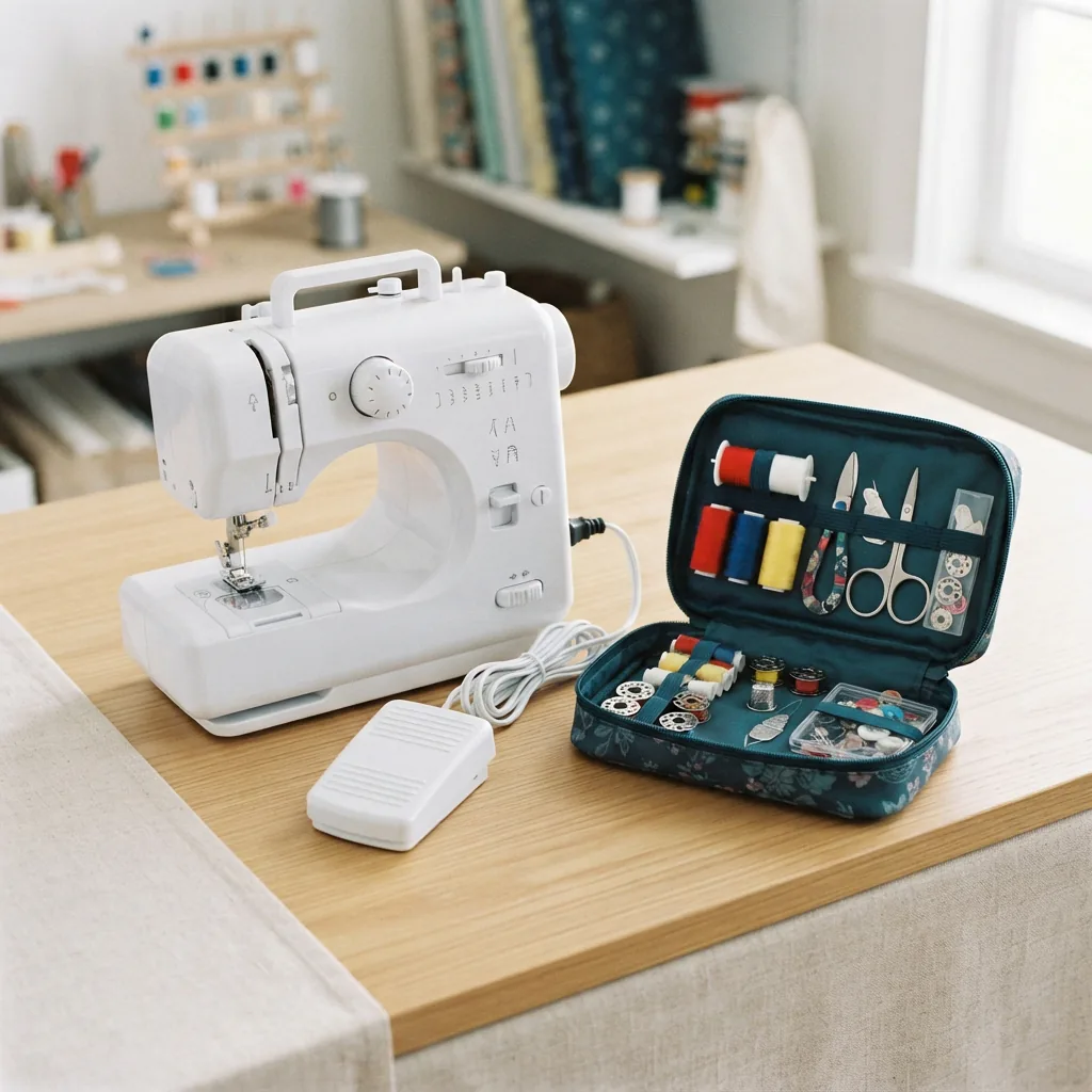 A portable sewing machine next to an open accessory case containing bobbins, thread, and scissors.