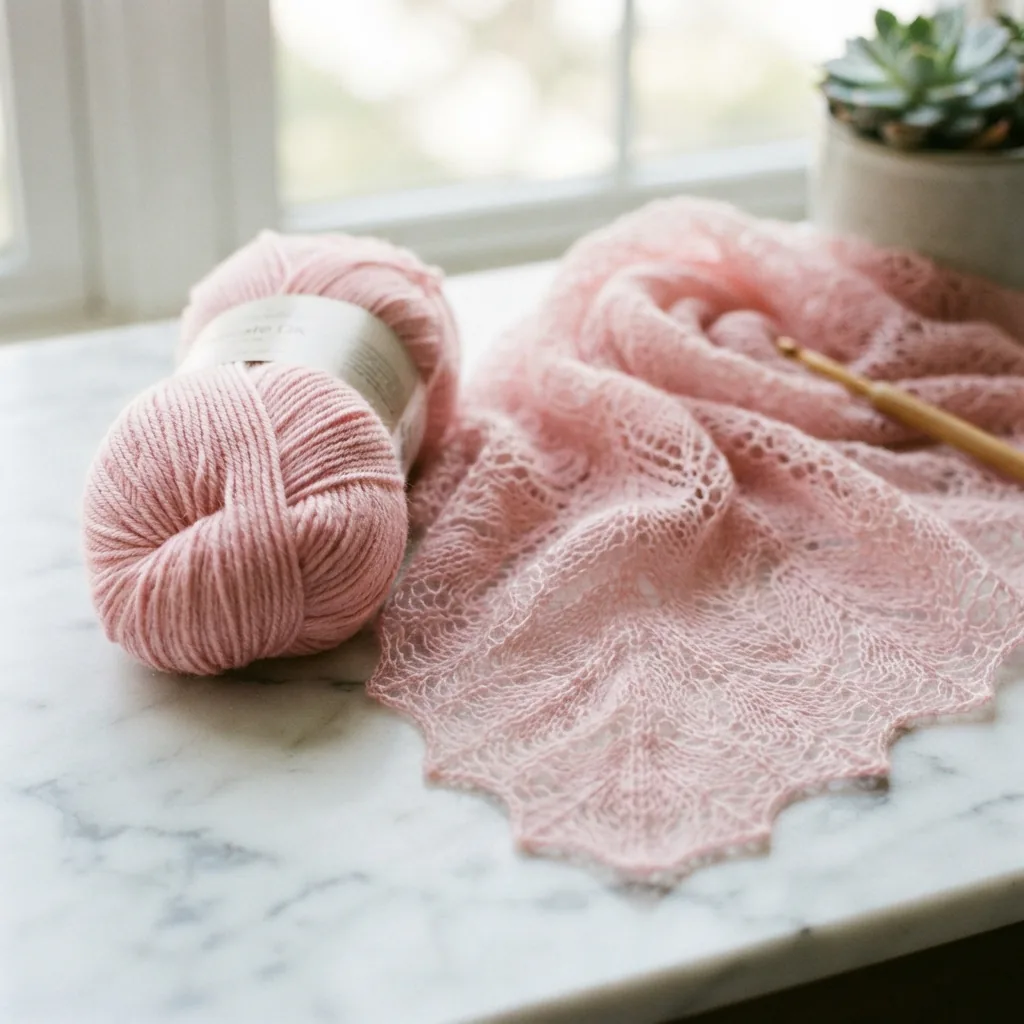 A skein of Loops & Threads Delicate DK yarn in a soft pink, with a lightweight knitted shawl draped beside it.
