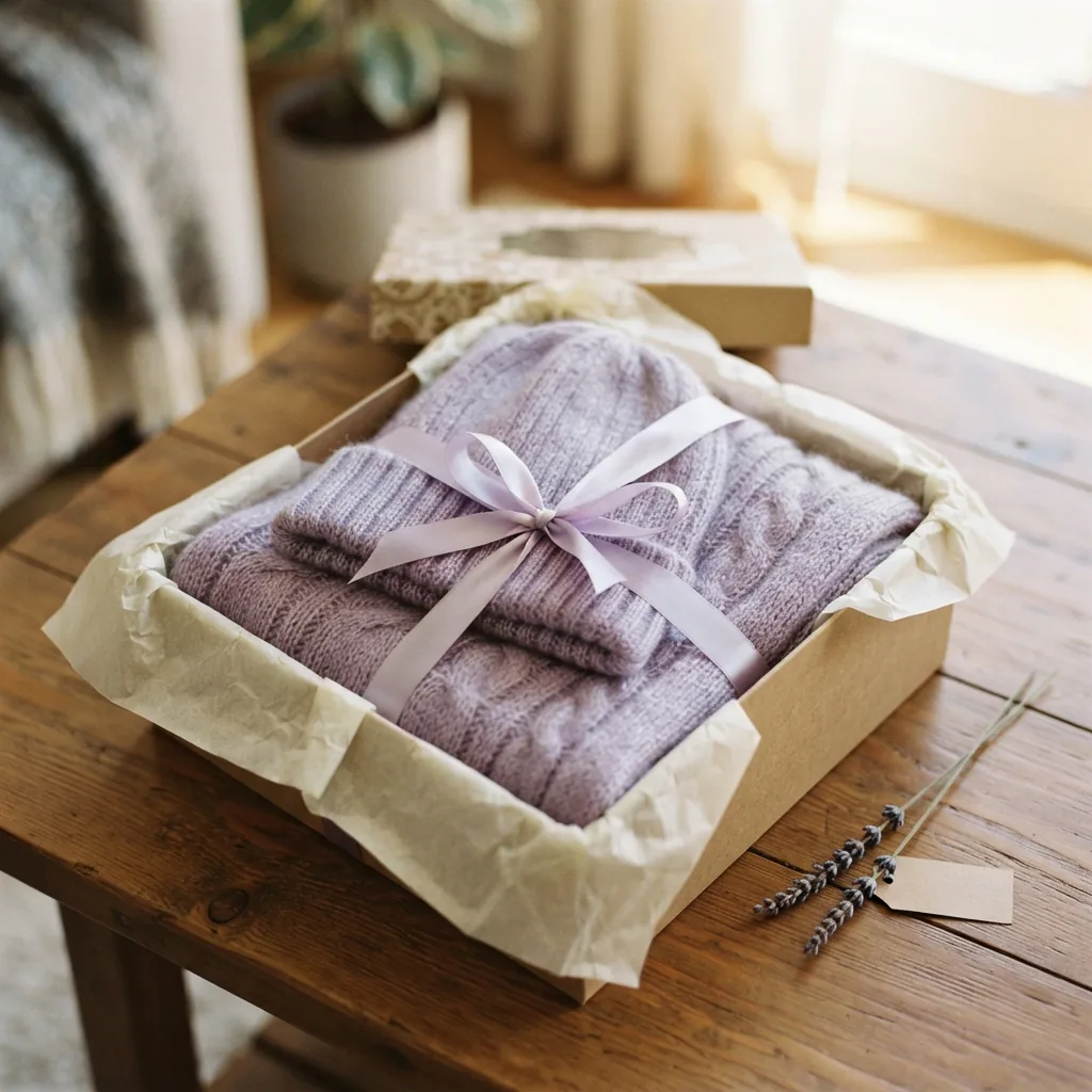 A gift box containing a neatly folded, handmade knit hat and scarf, tied with a ribbon.