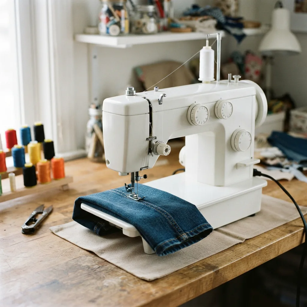 A sturdy-looking portable sewing machine with a piece of folded denim fabric under the needle.